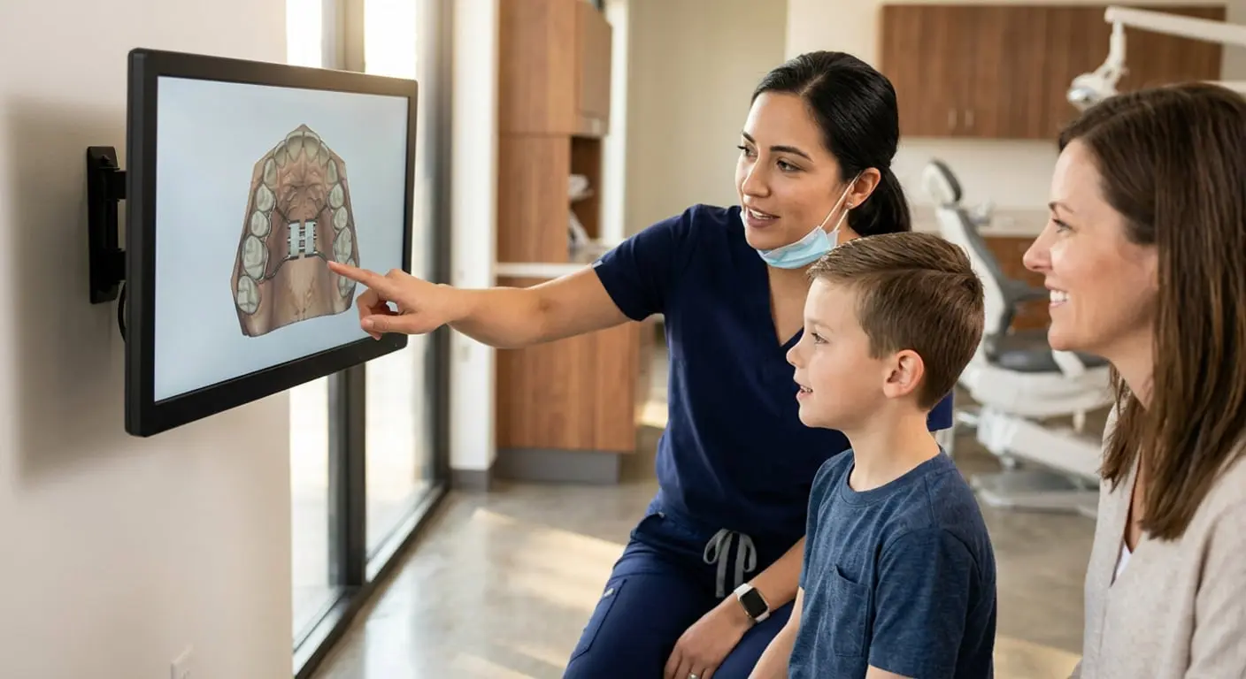 At Limestone Hills Orthodontics in Austin, TX, a dental expert uses a monitor to explain orthodontic vs orthopedic care to patients.