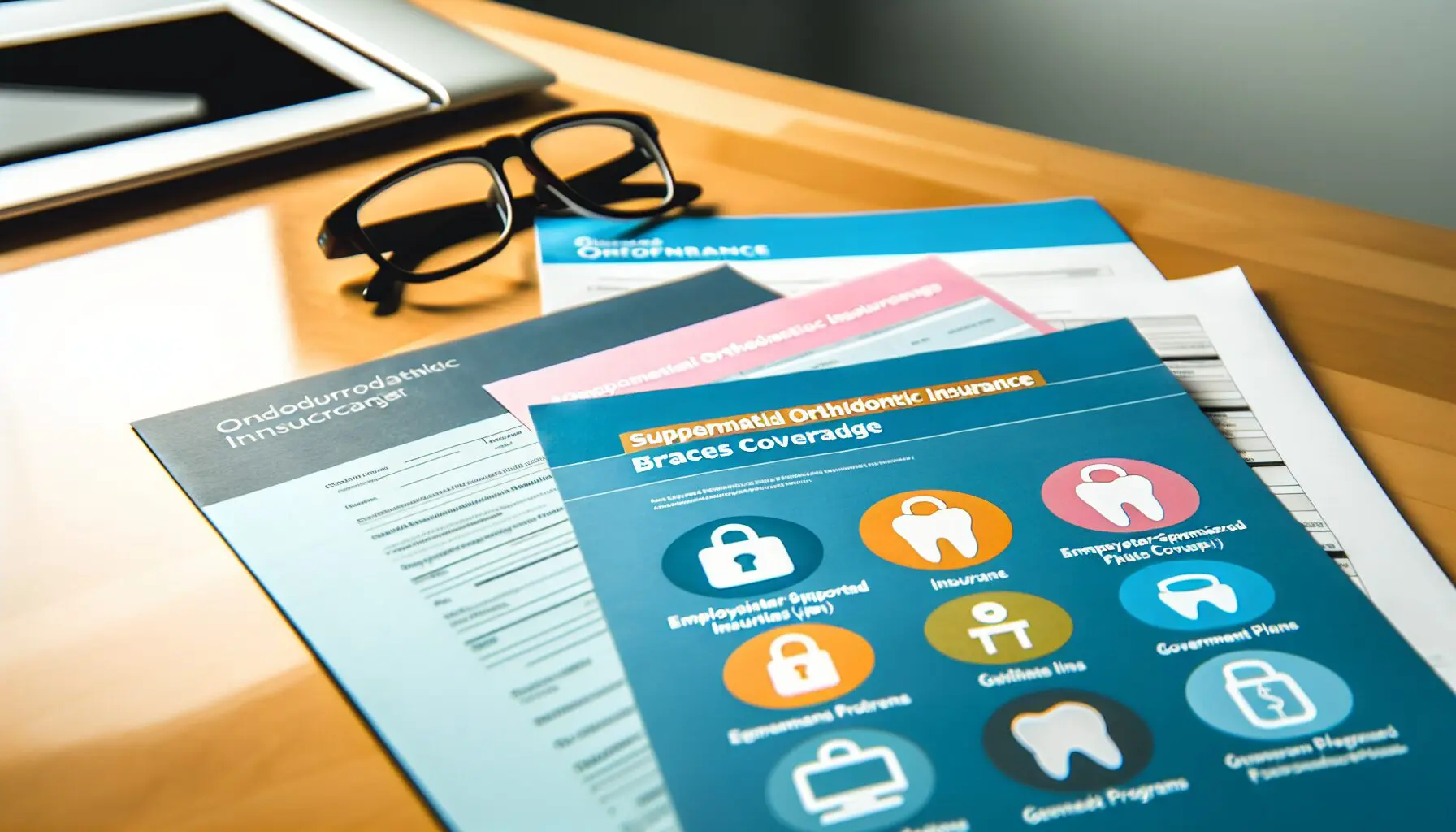 Orthodontic insurance brochures and glasses sit on a desk. Limestone Hills Orthodontics in Austin, TX, helps navigate insurance coverage for braces.