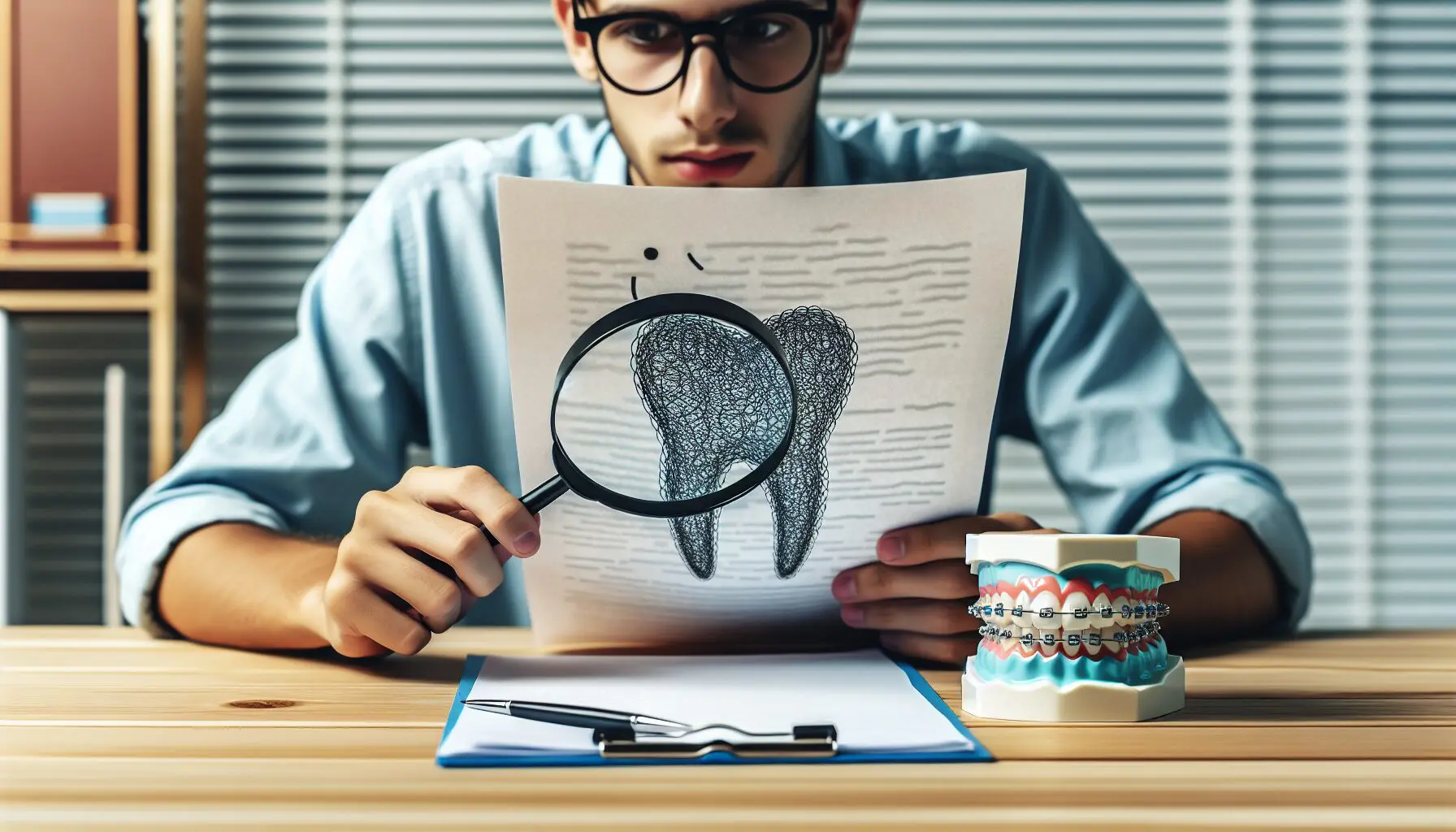 A young man, who appears to be of Caucasian descent based on his features, examines a tooth diagram with a magnifying glass. Limestone Hills Orthodontics in Austin, TX, focuses on detailed care.