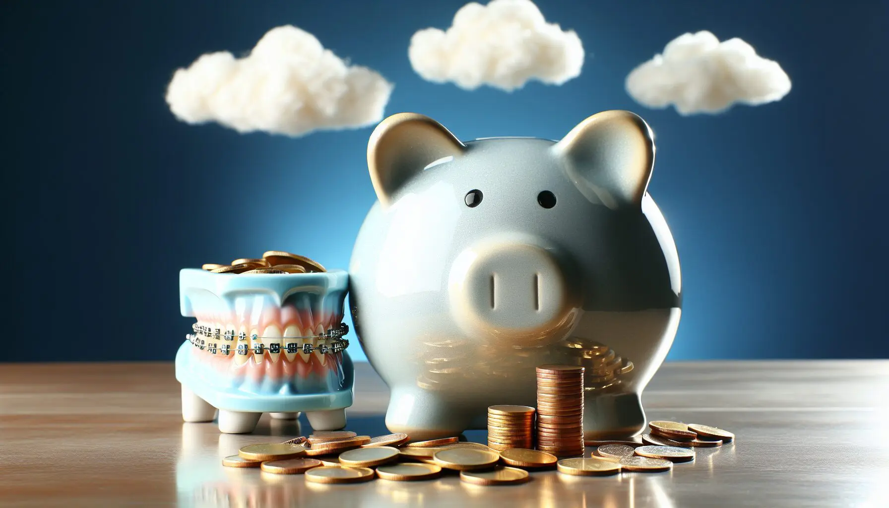 A piggy bank and a model of teeth with braces sit on a table with scattered coins. Limestone Hills Orthodontics in Austin, TX, discusses the cost of braces.