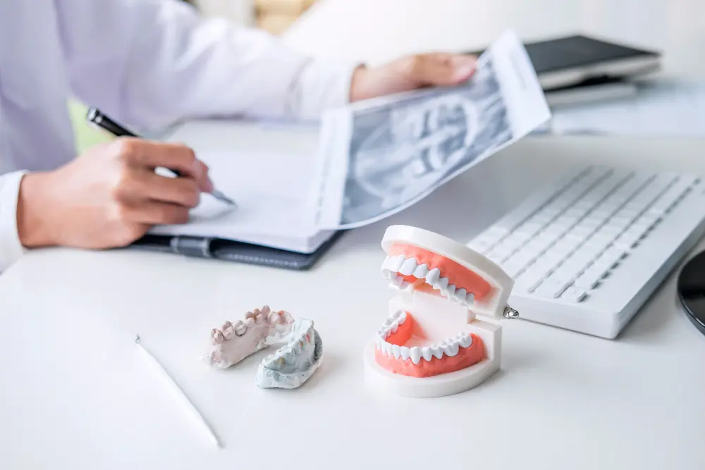 Best Orthodontics A dental professional, whose race and ethnicity are not discernible from the image, reviews dental x-rays and models. Limestone Hills Orthodontics in Austin, TX, offers implant consultations.