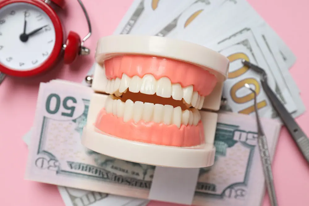 Best Orthodontics A dental model sits on US dollar bills with a dental pick and alarm clock. Limestone Hills Orthodontics in Austin, TX, discusses treatment timelines and costs.
