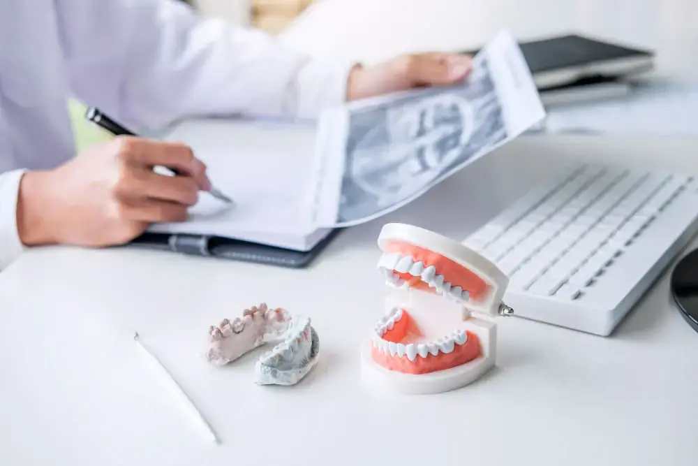Person writing next to a dental model, illustrating orthodontic insurance costs at Limestone Hills Orthodontics in Austin, TX.