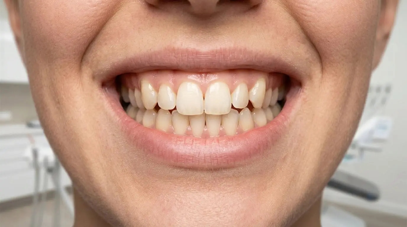 A person smiles, showing teeth and gums with crowding, with a blurred dental clinic background at Limestone Hills Orthodontics in Austin, TX.