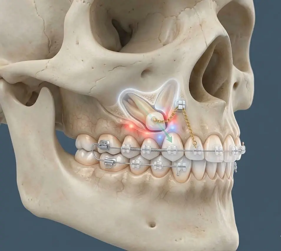 Treatment plan for impacted canine at Limestone Hills Orthodontics in Austin, TX, with braces, chain, and tooth movement.
