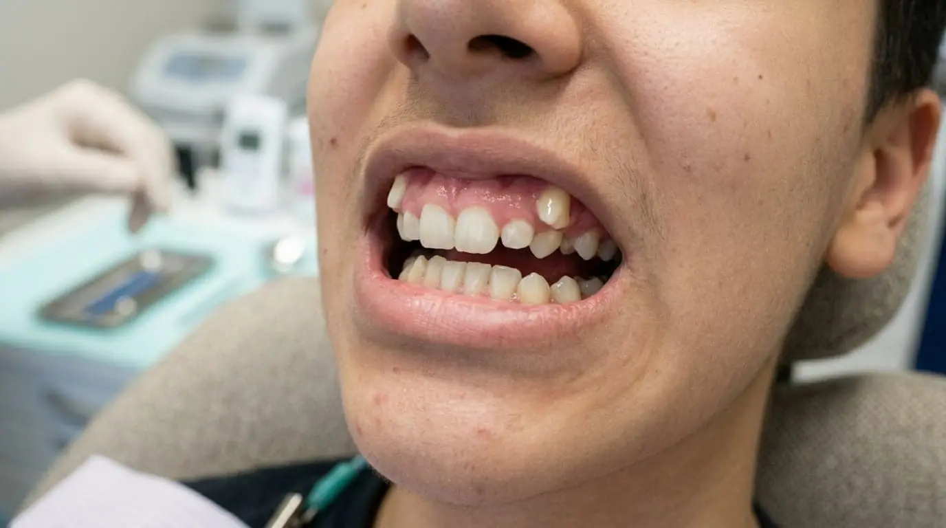 Misaligned and crowded upper teeth, including an impacted canine, during a dental exam at Limestone Hills Orthodontics in Austin, TX.