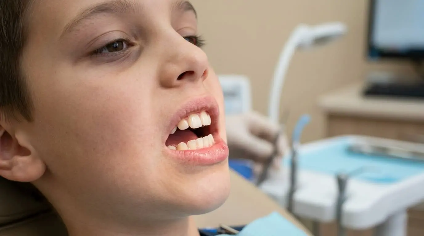 A young boy with mouth open for a mouth breathing exam in a dental chair at Limestone Hills Orthodontics in Austin, TX; equipment visible behind.