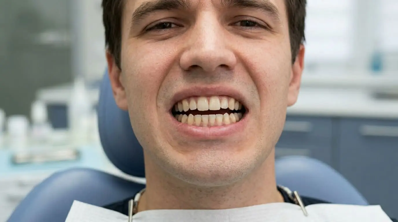 A man with his mouth open in a dental chair gets his teeth examined for an open bite at Limestone Hills Orthodontics in Austin, TX.