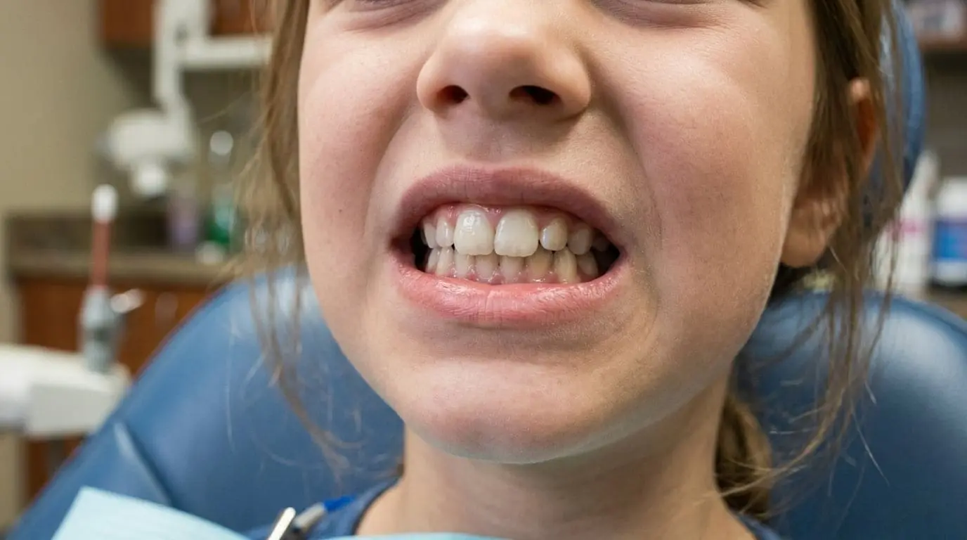 A child smiles widely during an Overbite checkup at Limestone Hills Orthodontics in Austin, TX, seated in a dental chair.