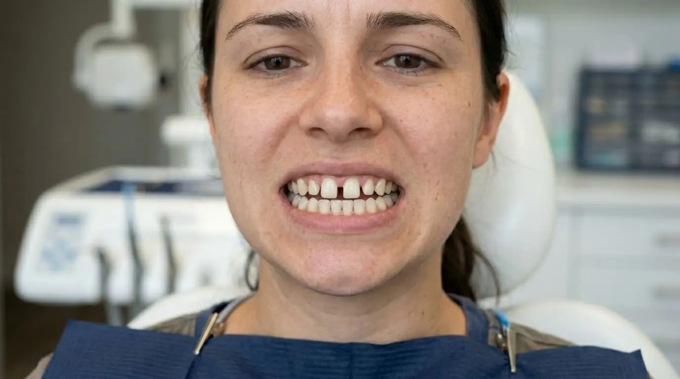 During a dental exam at Limestone Hills Orthodontics in Austin, TX, a woman in the chair smiles slightly, showing spacing and gaps.