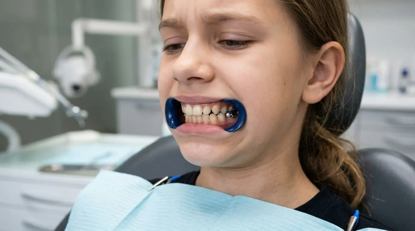 An anxious young person with a cheek retractor sits in a dental chair at Limestone Hills Orthodontics in Austin, TX, concerned about TMJ; dental tools appear in the background.