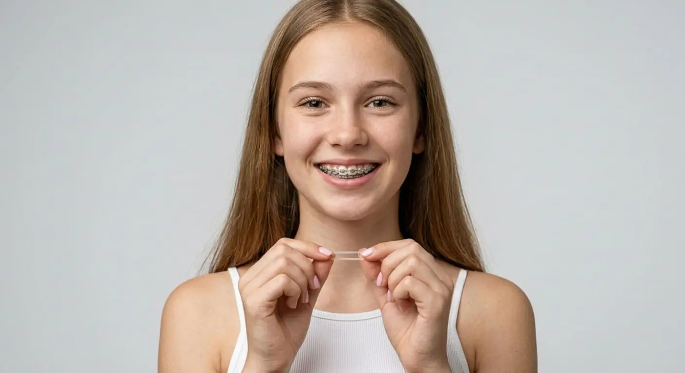 Smiling woman with traditional braces for fix underbite, holding elastics at Limestone Hills Orthodontics in Austin, TX