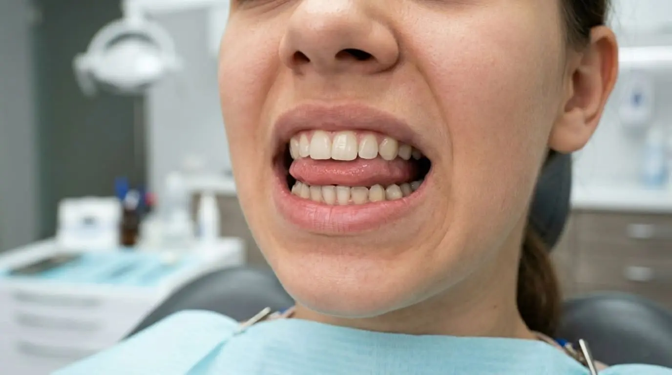 In Austin, TX at Limestone Hills Orthodontics, a person in a dental chair shows teeth with tongue pressed to lower teeth—typical of Tongue Thrust.