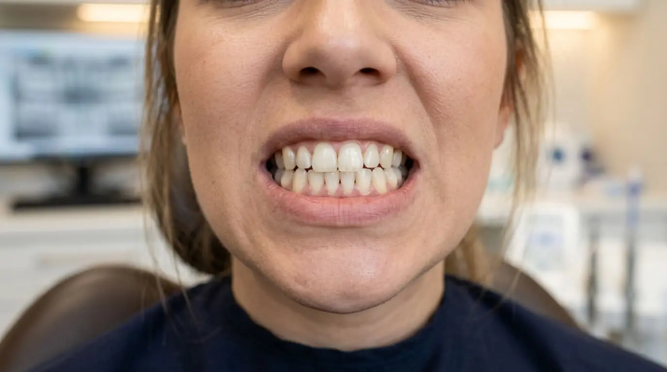 Person with underbite showing teeth, dental tools and X-ray in background at Limestone Hills Orthodontics in Austin, TX.