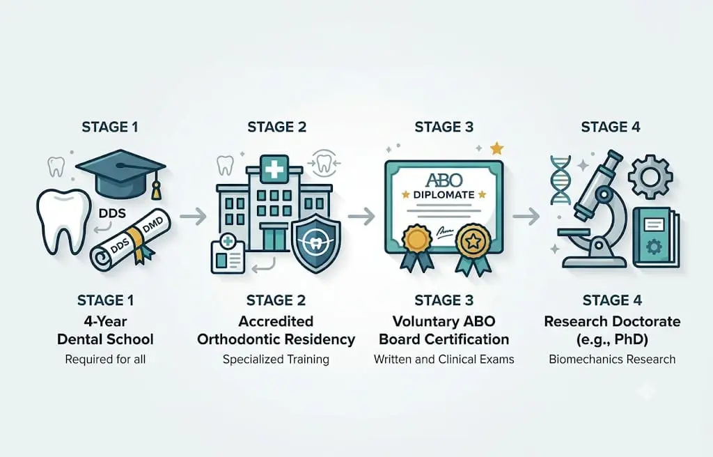 Four stages to a dental research doctorate shown with icons at Limestone Hills Orthodontics in Austin, TX: school, residency, board certification, PhD.