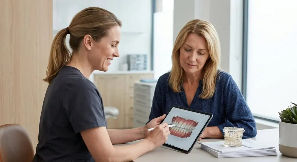 At Limestone Hills Orthodontics in Austin, TX, a dental professional discusses braces with a patient using a teeth diagram on a tablet.