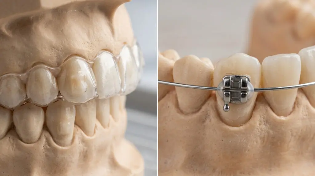 Dental models at Limestone Hills Orthodontics in Austin, TX compare clear aligners (left) and metal braces (right) side by side.