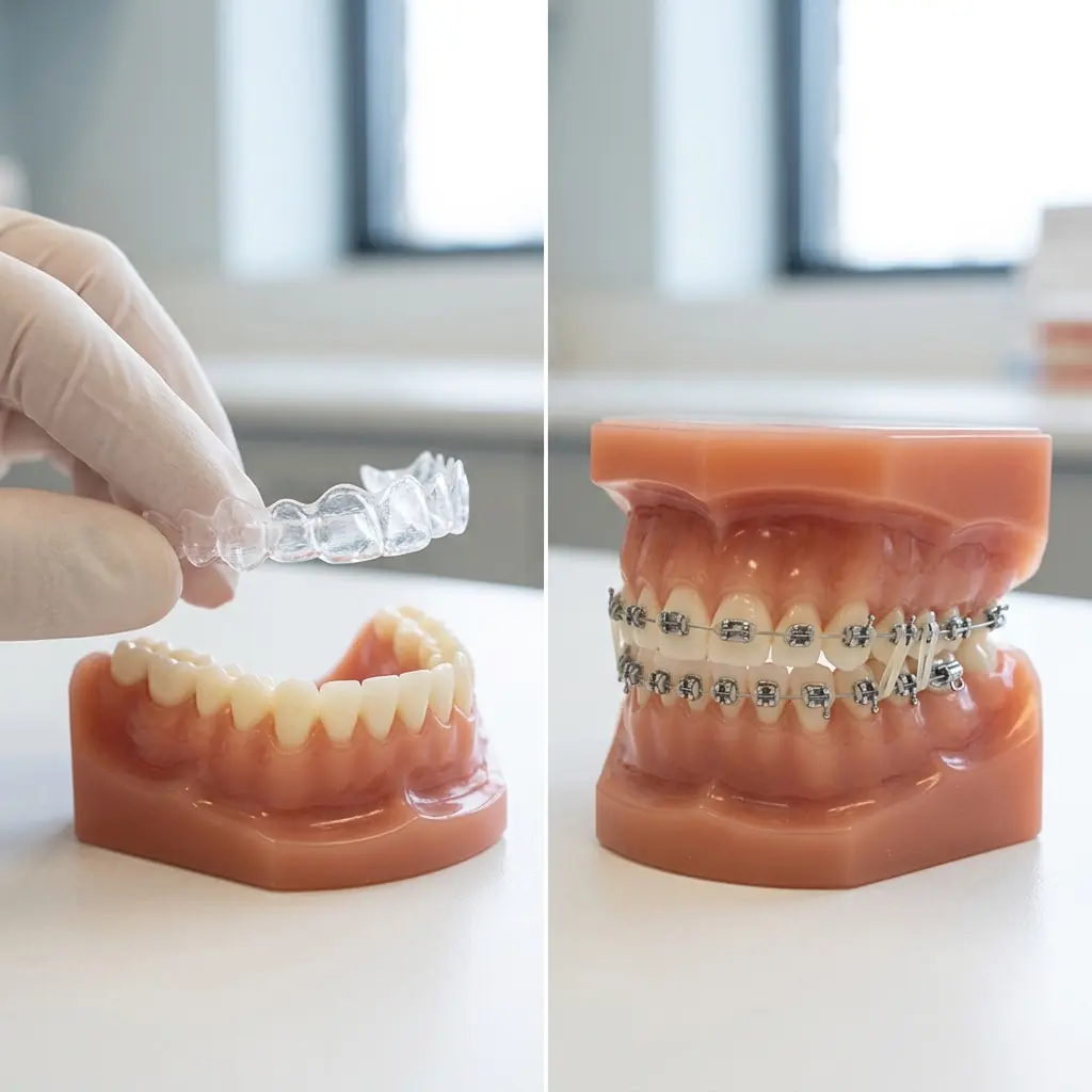 Dental models compare aligners on the left and metal braces on the right at Limestone Hills Orthodontics in Austin, TX.
