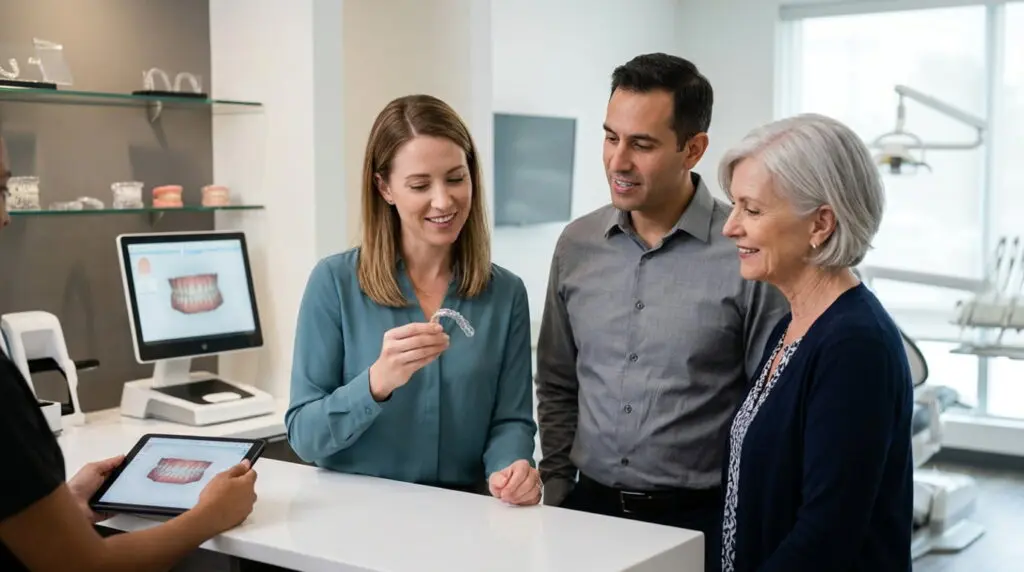 At Limestone Hills Orthodontics in Austin, TX, a dental professional explains clear aligners vs. braces to two patients at reception.