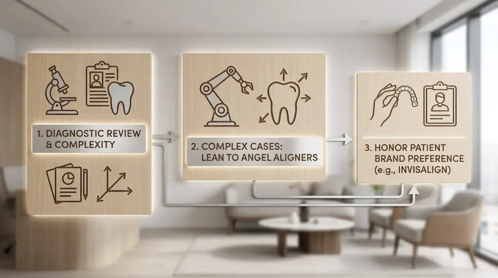 A dental workflow diagram at Limestone Hills Orthodontics in Austin, TX shows diagnostics, case handling, and brand preferences.