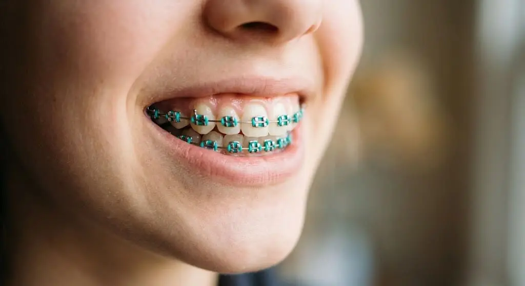 A person’s turquoise braces and exposed upper canine are shown up close at Limestone Hills Orthodontics in Austin, TX.