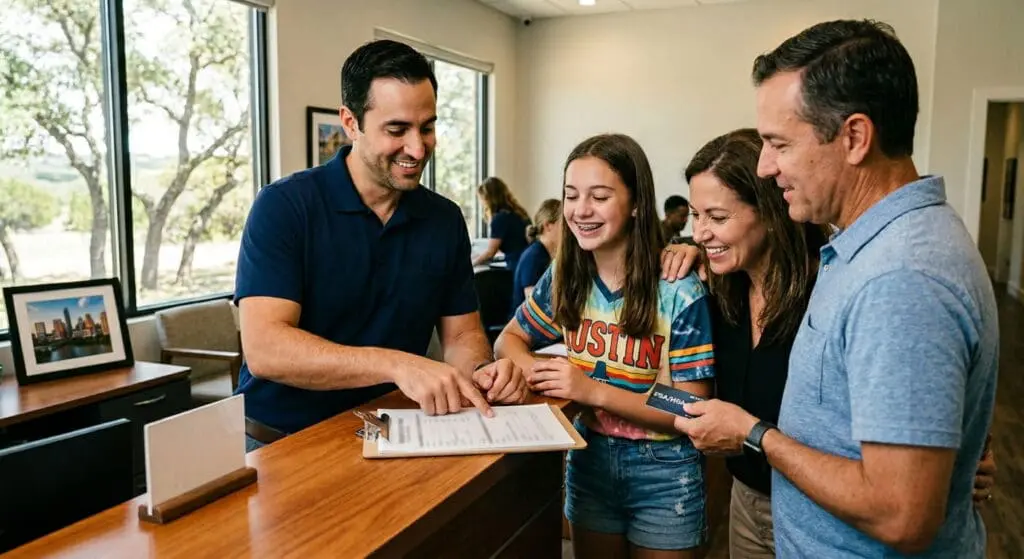 At Limestone Hills Orthodontics in Austin, TX, a man gives braces cost paperwork to a smiling family of three at the reception desk.