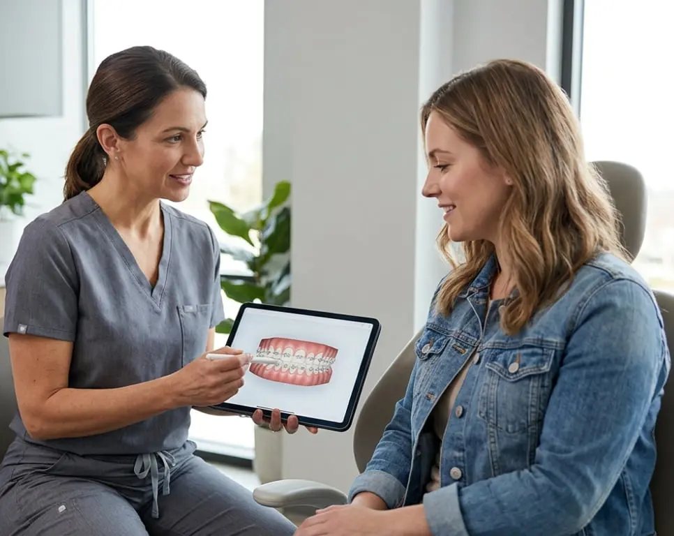 During a consultation at Limestone Hills Orthodontics in Austin, TX, a dental professional displays braces options to a patient.