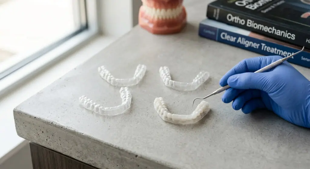 A gloved hand holds a dental tool near clear aligners at Limestone Hills Orthodontics in Austin, TX, with dental books and a teeth model in the background.