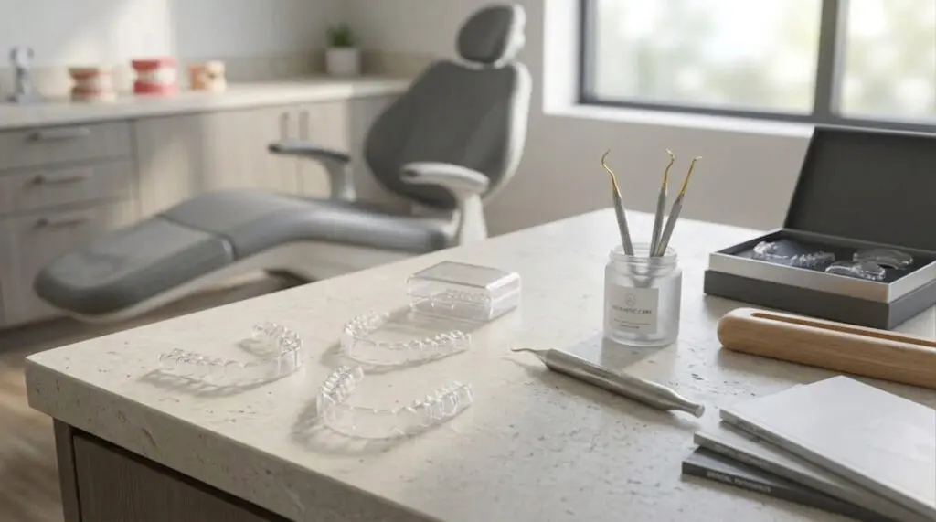 At Limestone Hills Orthodontics in Austin, TX, an empty dental chair, tools, and clear aligner trays sit by a windowed counter.
