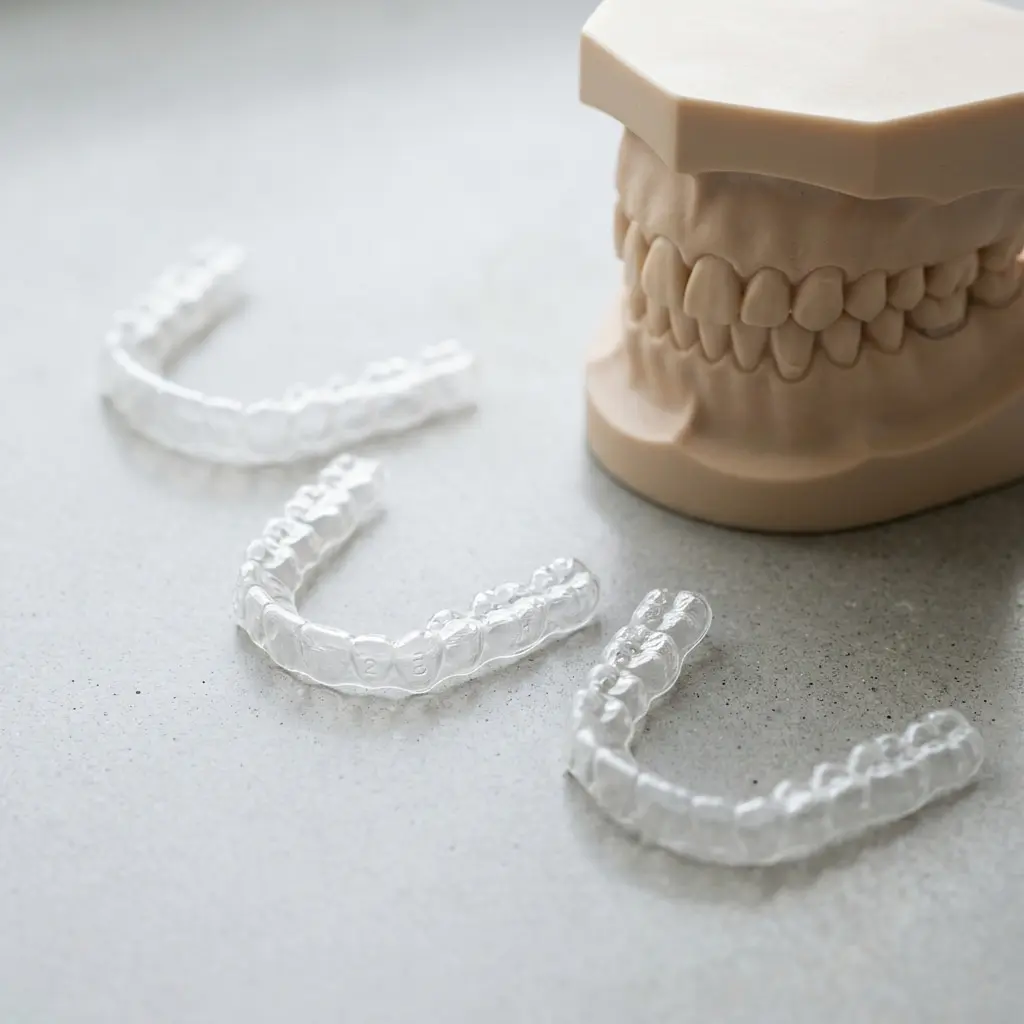 On a gray surface, three dental aligners sit by a teeth model, showing Clear Aligners vs Invisalign at Limestone Hills Orthodontics in Austin, TX.
