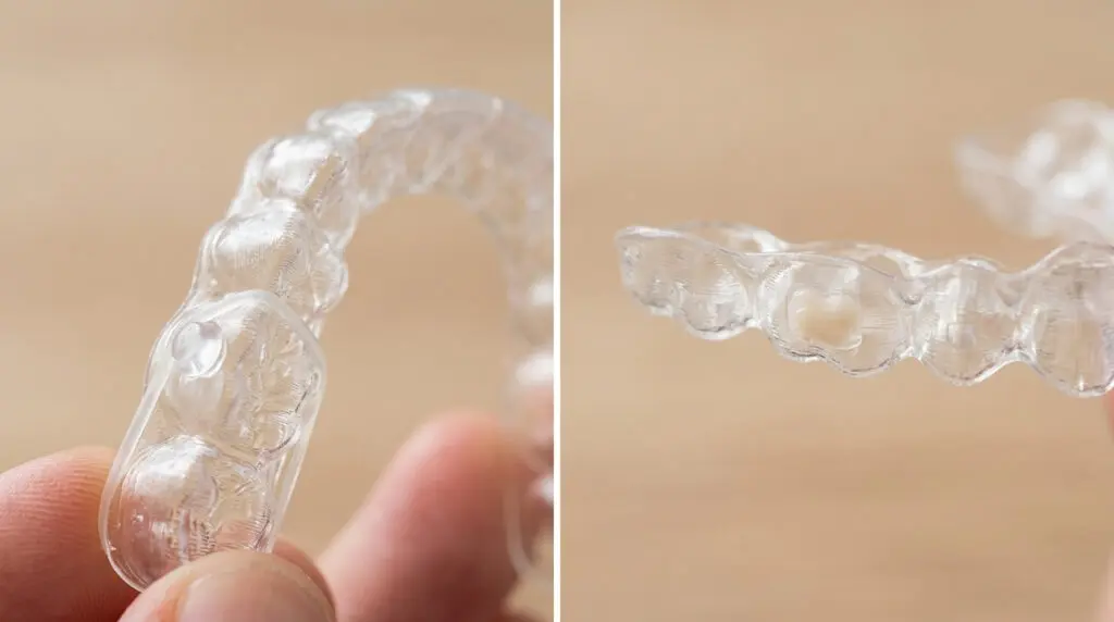 A clear dental aligner is held by fingers from two angles at Limestone Hills Orthodontics in Austin, TX, showing texture and shape.