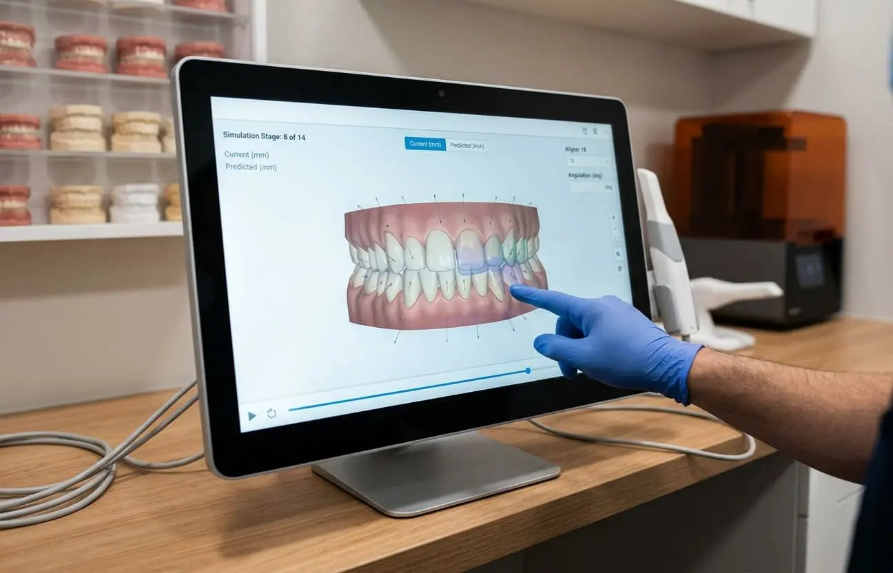 A gloved hand points to a 3D tooth-movement simulation on a computer at Limestone Hills Orthodontics in Austin, TX.
