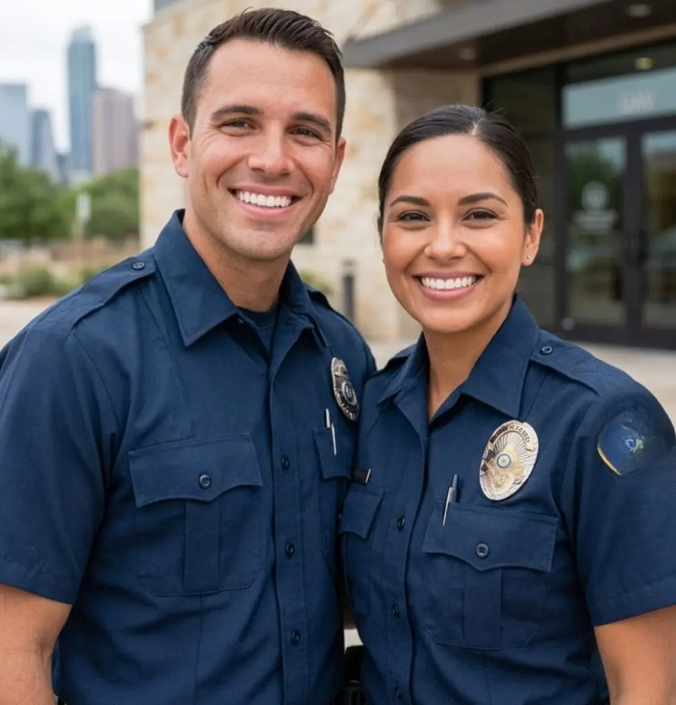 Two smiling first responders in uniform showcasing their straight teeth, highlighting the First Responder Discount for Braces & Invisalign in Austin at Limestone Hills Orthodontics in Austin, TX.