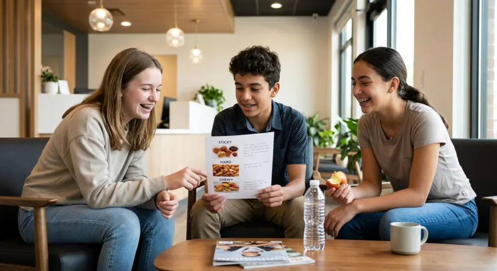 Teens smile in a lounge at Limestone Hills Orthodontics in Austin, TX, reviewing a menu and snacks with drinks on the table.