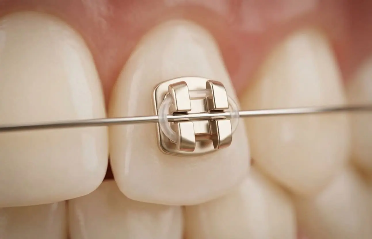 Teeth with GC Rhodium Metal Bracket and wire, showing braces at Limestone Hills Orthodontics in Austin, TX for alignment.