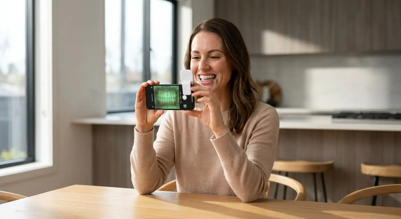In a modern kitchen in Austin, TX, a woman at Limestone Hills Orthodontics smiles at her phone with card reader and Grin Scope.