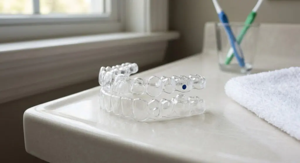 Clear dental aligners from Limestone Hills Orthodontics in Austin, TX rest on a bathroom counter beside a towel and toothbrushes.