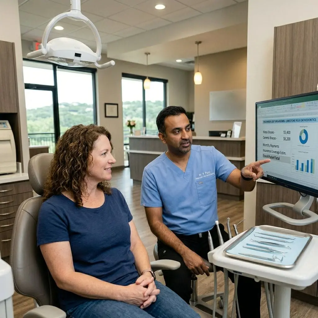A dentist in blue scrubs at Limestone Hills Orthodontics in Austin, TX discusses braces costs with a patient, pointing to charts.