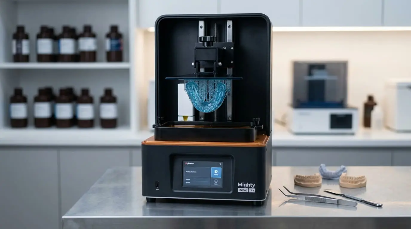 A 3D printer creates a dental mold at Limestone Hills Orthodontics in Austin, TX, with models and tools on metal shelves.
