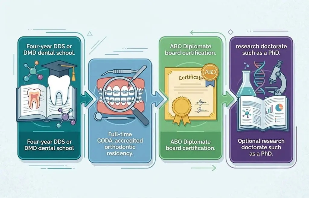 A flowchart at Limestone Hills Orthodontics in Austin, TX shows steps to become an orthodontist: dental school, residency, certification.