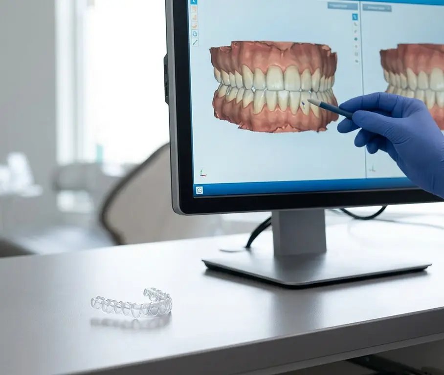 At Limestone Hills Orthodontics in Austin, TX, a gloved hand points to 3D dental scans showing Invisalign refinements; a clear aligner rests nearby.