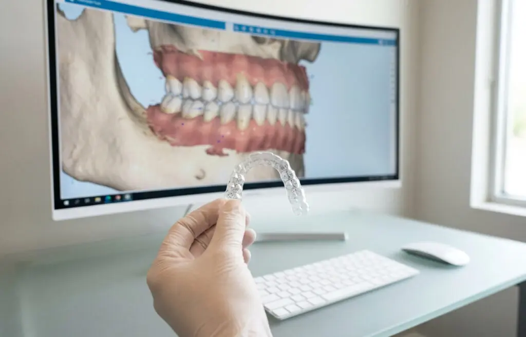 A gloved hand holds a clear aligner before a 3D dental model at Limestone Hills Orthodontics in Austin, TX, showing Invisalign Refinements.