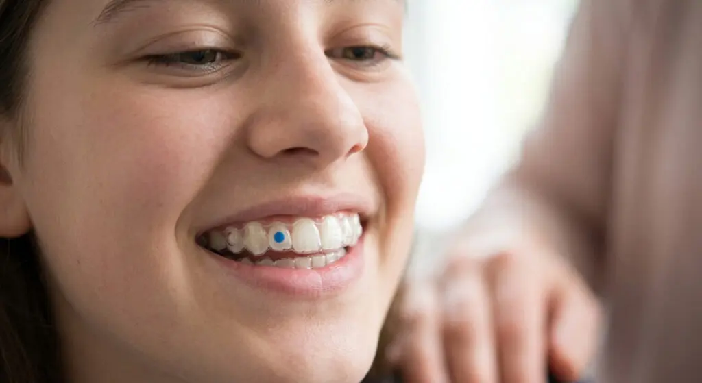 A teenager smiles with clear Invisalign for Teens aligners and a blue dot, available at Limestone Hills Orthodontics in Austin, TX.