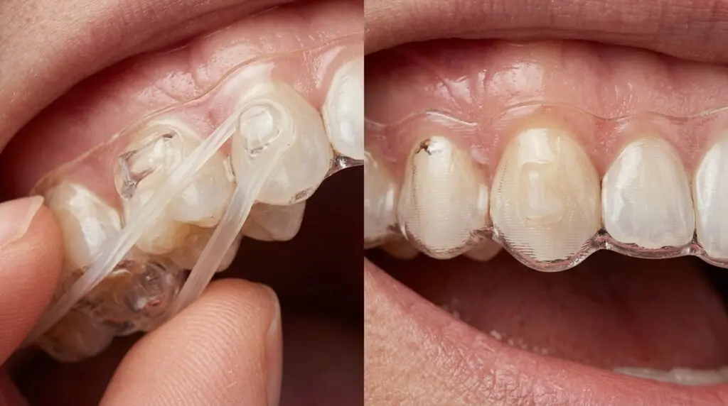 At Limestone Hills Orthodontics in Austin, TX: clear aligners shown, one side with rubber band, other without—for comparison.