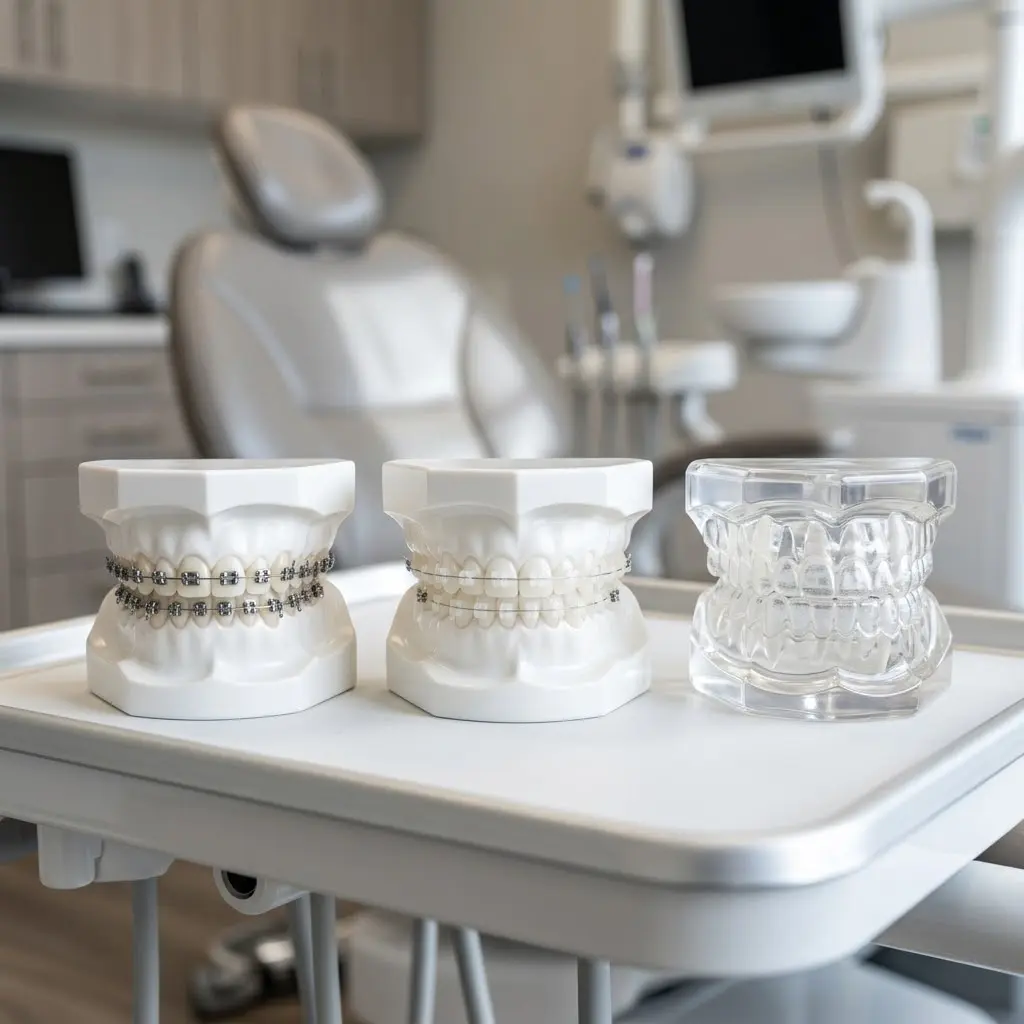 Dental models with metal braces, clear aligners, and a retainer on a tray at Limestone Hills Orthodontics in Austin, TX.