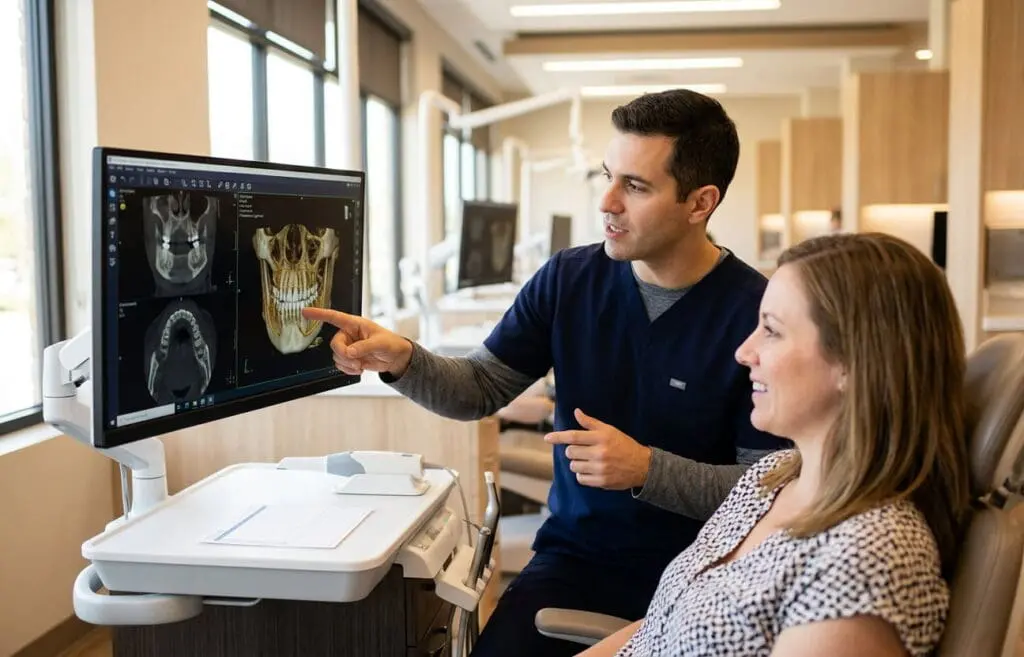 At Limestone Hills Orthodontics in Austin, TX, a dentist explains Invisalign vs competitors using X-rays on a computer monitor.
