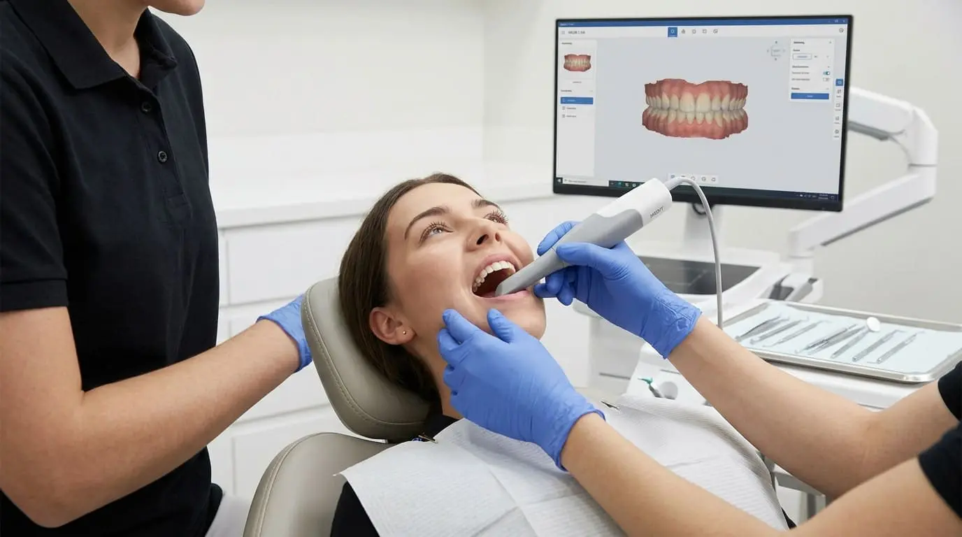 At Limestone Hills Orthodontics in Austin, TX, a dentist scans a patient's teeth with a Medit i700 as an assistant watches the 3D image.