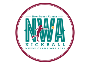 Northwest Austin Kickball logo with a kicking silhouette and "NWA Kickball - Where Champions Play"