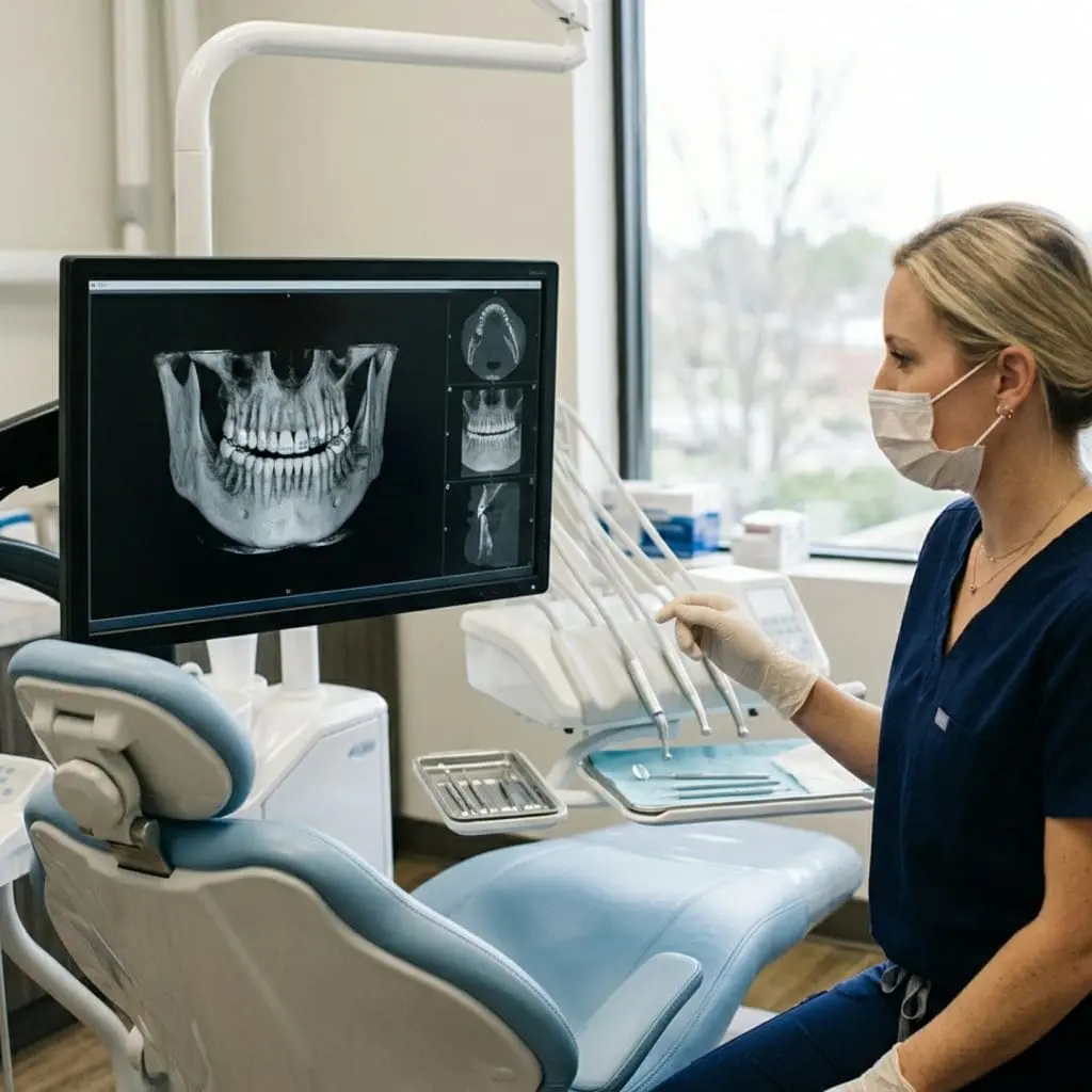 At Limestone Hills Orthodontics in Austin, TX, a masked dental professional reviews a dental X-ray on a monitor in a modern office.
