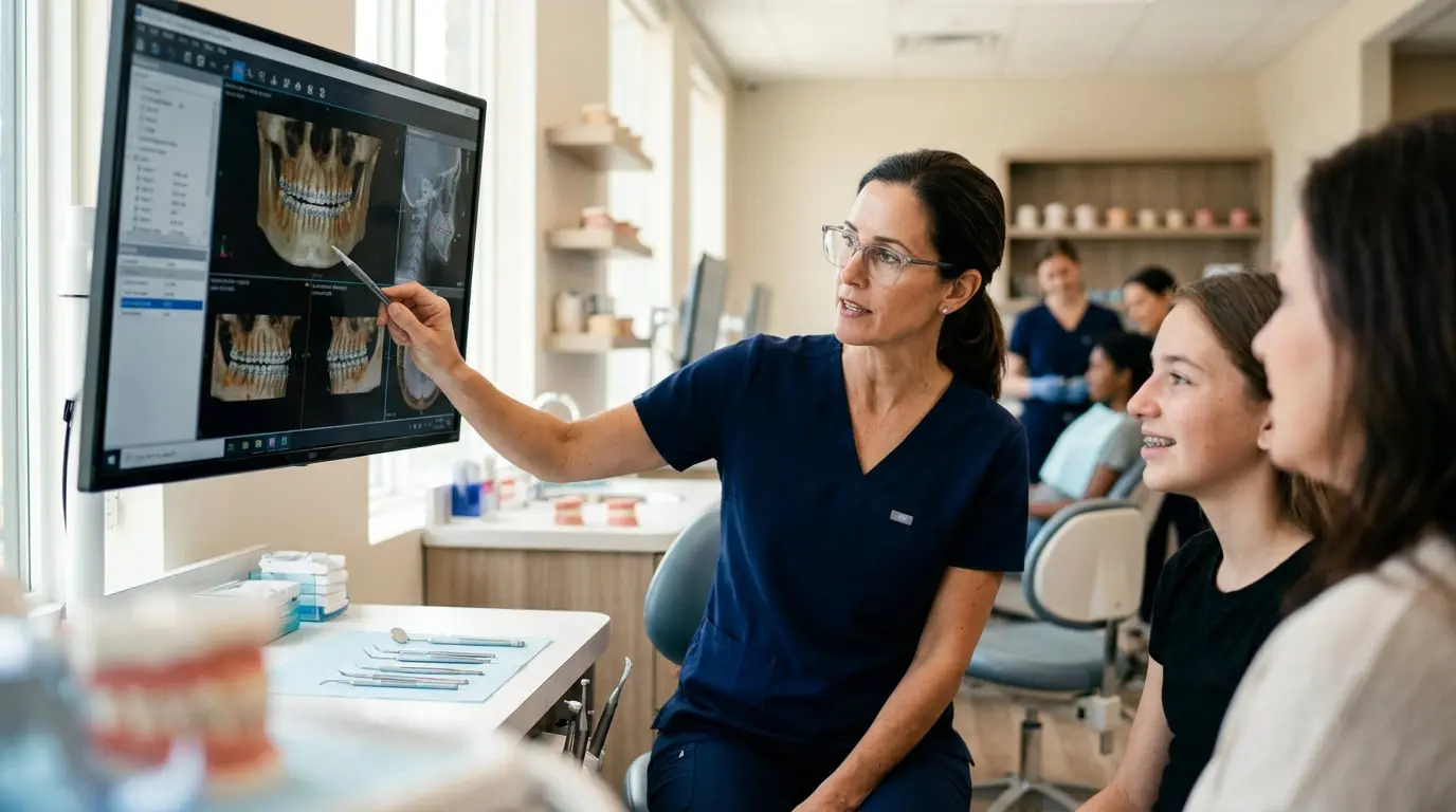 At Limestone Hills Orthodontics in Austin, TX, an orthodontist in scrubs reviews dental X-rays with two patients.